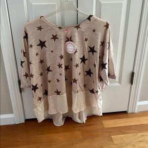 NEW Umgee Cream & Brown Star Animal Print Comfy Oversize Crewneck T-Shirt